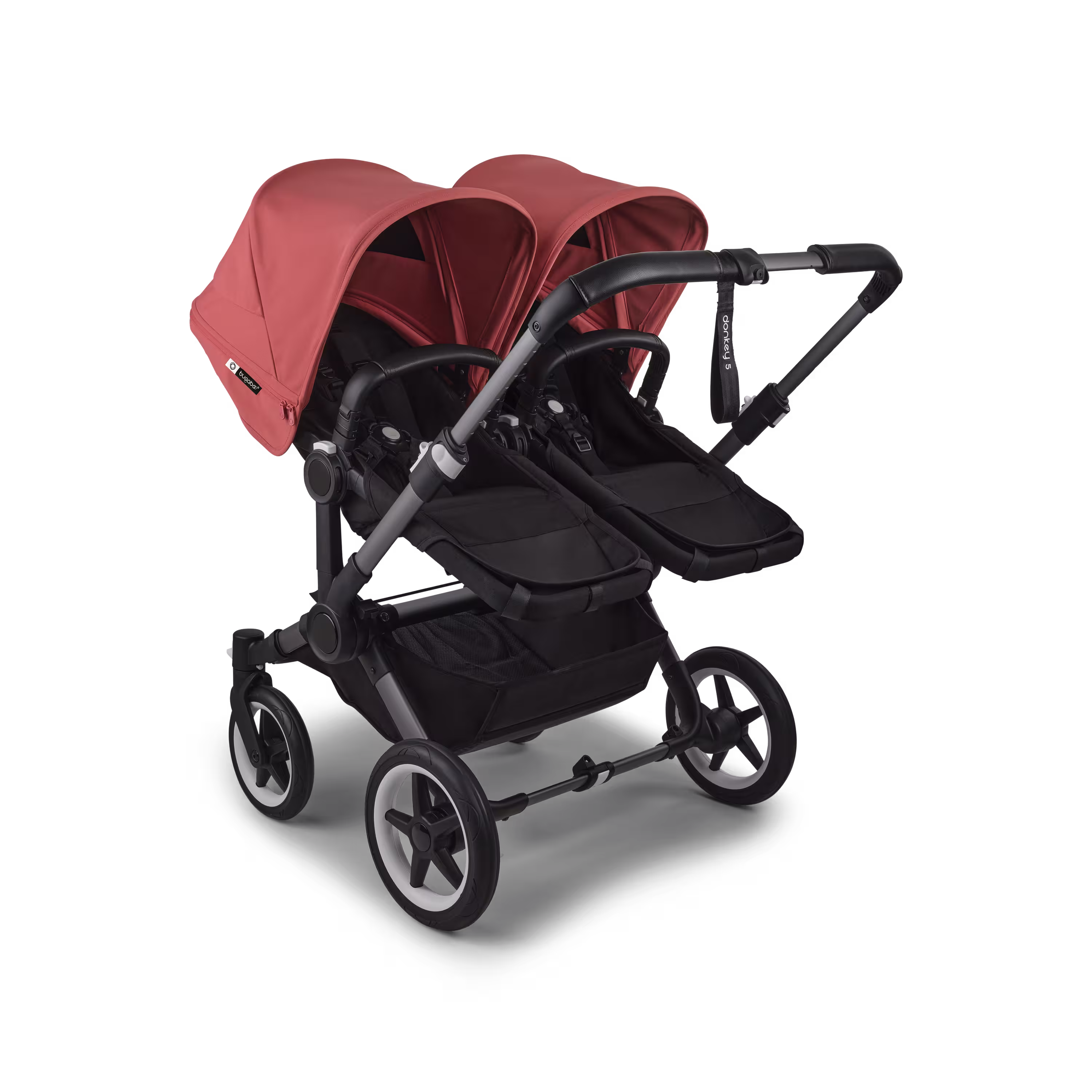 Bugaboo Donkey 5 twin stroller graphite base, midnight black fabrics, sunrise red sun canopy - Main Modal Image Slide 3 of 12