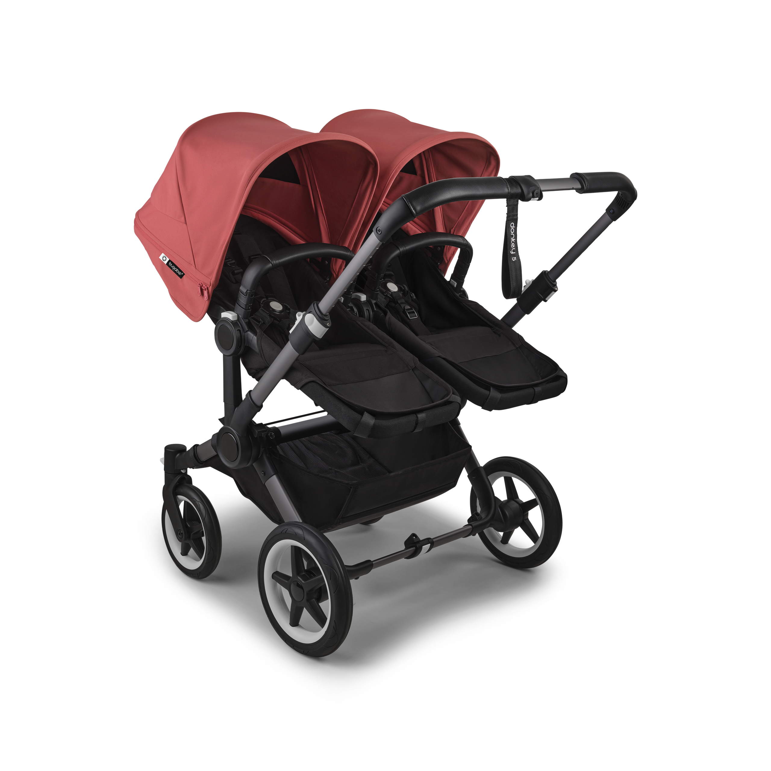 Bugaboo Donkey 5 twin stroller graphite base, midnight black fabrics, sunrise red sun canopy - Thumbnail Slide 3 of 12