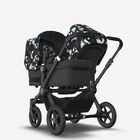 Bugaboo Donkey 5 Duo double stroller black base, midnight black fabrics, animal explorer green/ light blue sun canopy
