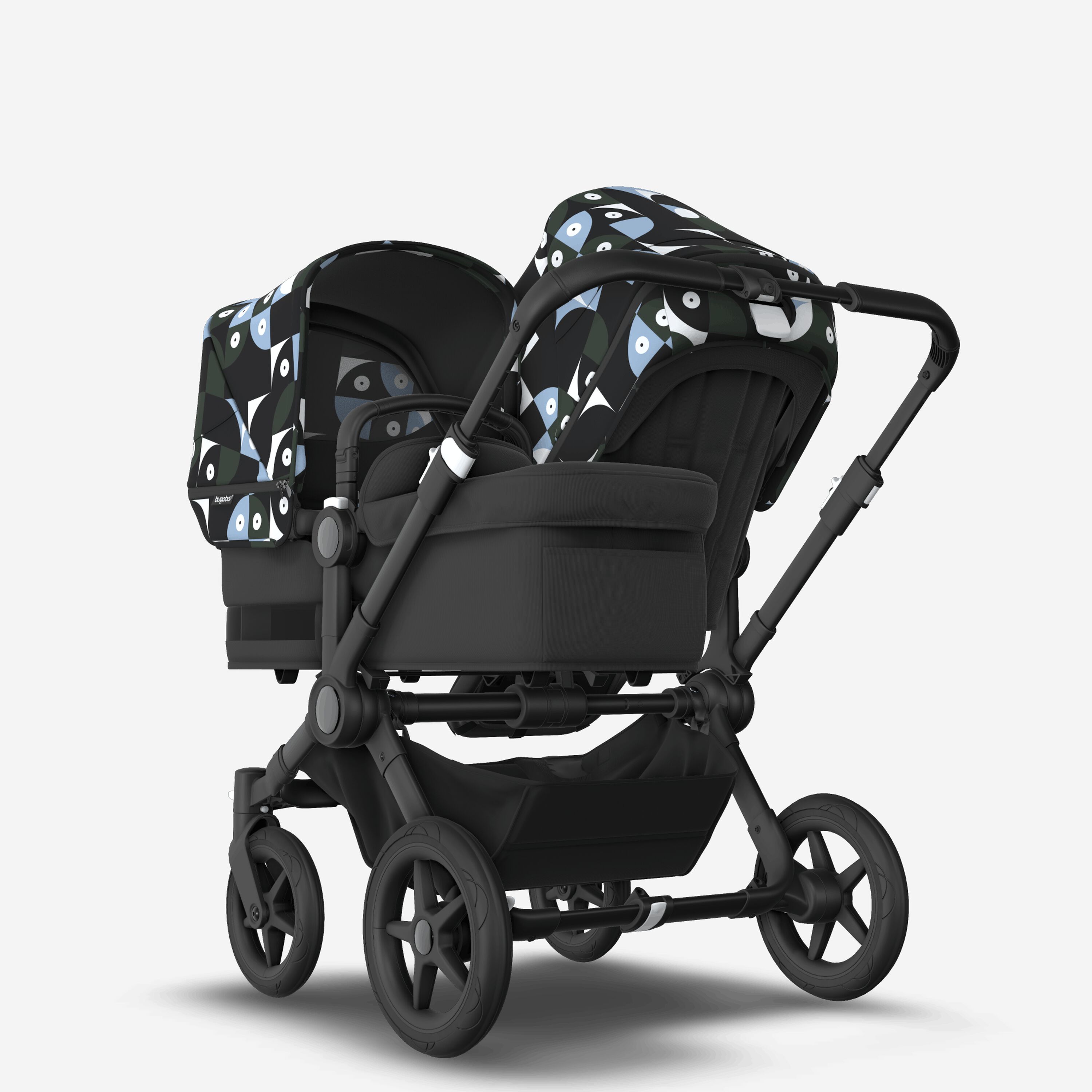 Bugaboo Donkey 5 Duo double stroller black base, midnight black fabrics, animal explorer green/ light blue sun canopy - Main Modal Image Slide 1 van 10
