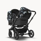 Bugaboo Donkey 5 Duo double stroller black base, midnight black fabrics, animal explorer green/ light blue sun canopy