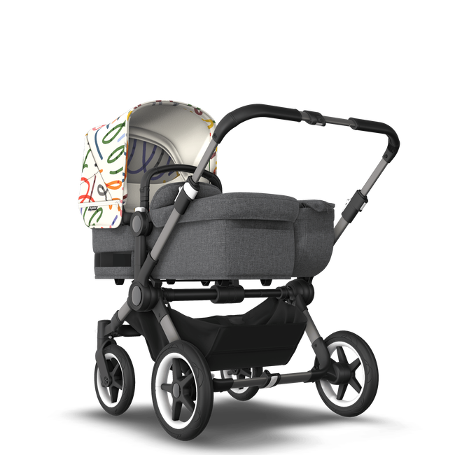 Bugaboo Donkey 5 Mono bassinet and seat stroller graphite base, grey mélange fabrics, art of discovery white sun canopy