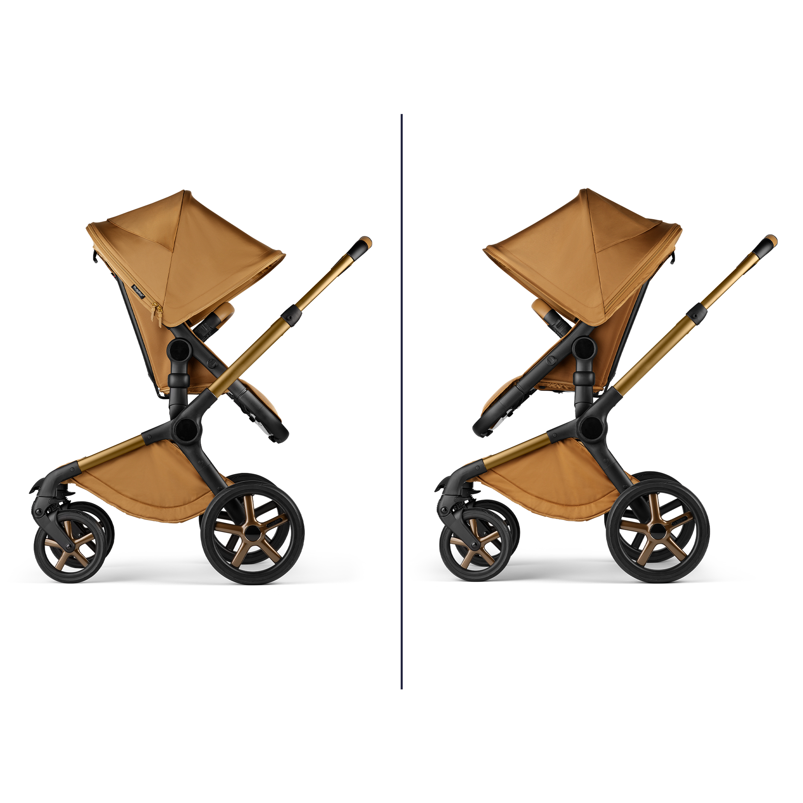 Two images showing the Bugaboo Fox 5 Noir Limited Edition stroller's reversible seat: facing parent and facing the world. - Thumbnail Slide 8 of 15