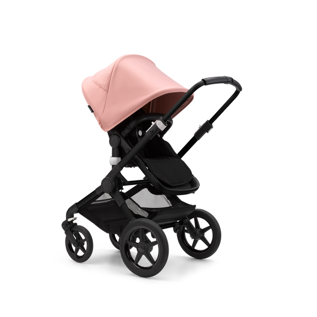 Bugaboo Fox 3 seat stroller with black frame, black fabrics, and pink sun canopy.