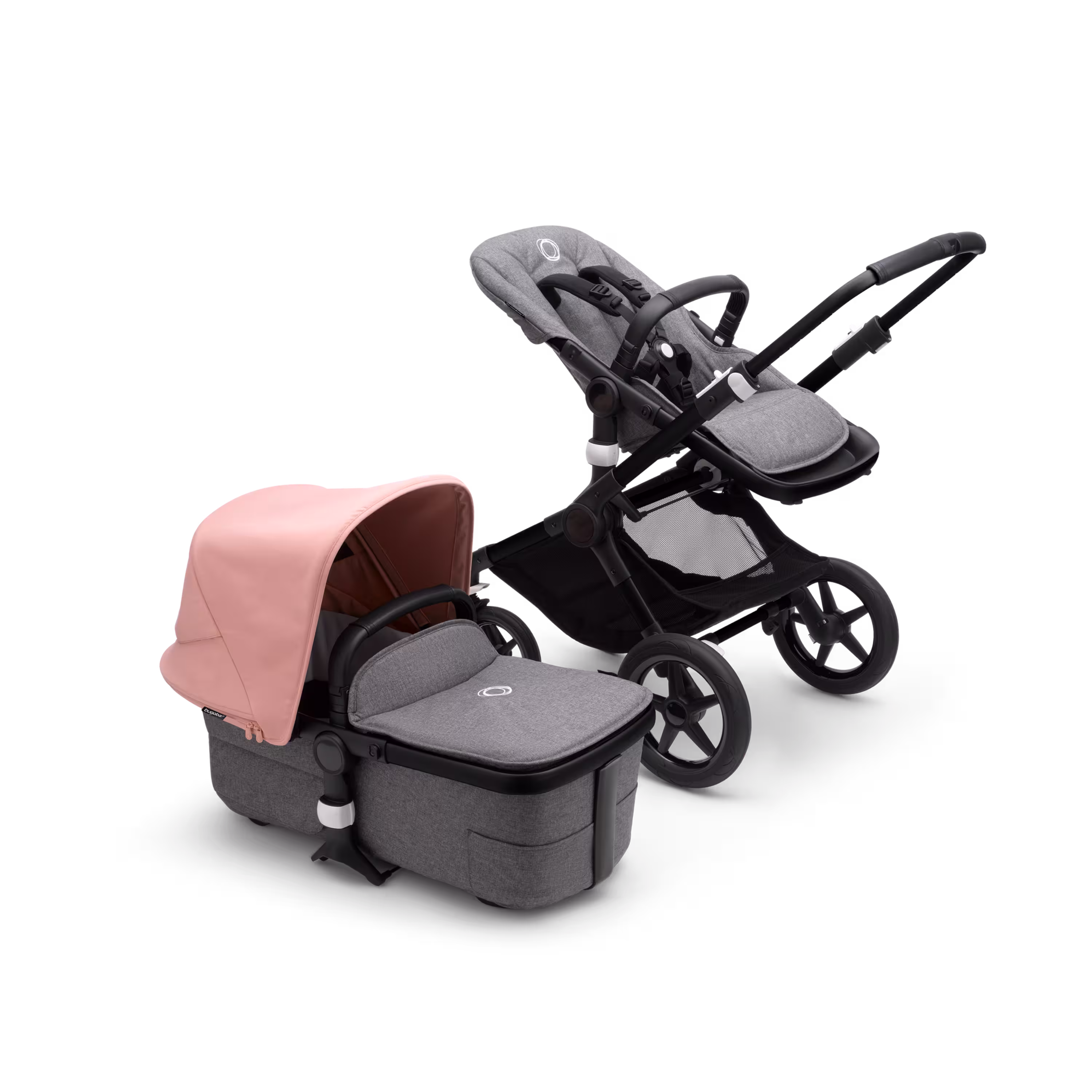 Bugaboo Fox 3 bassinet and seat stroller with black frame, grey fabrics, and pink sun canopy. - Main Modal Image Slide 5 of 7