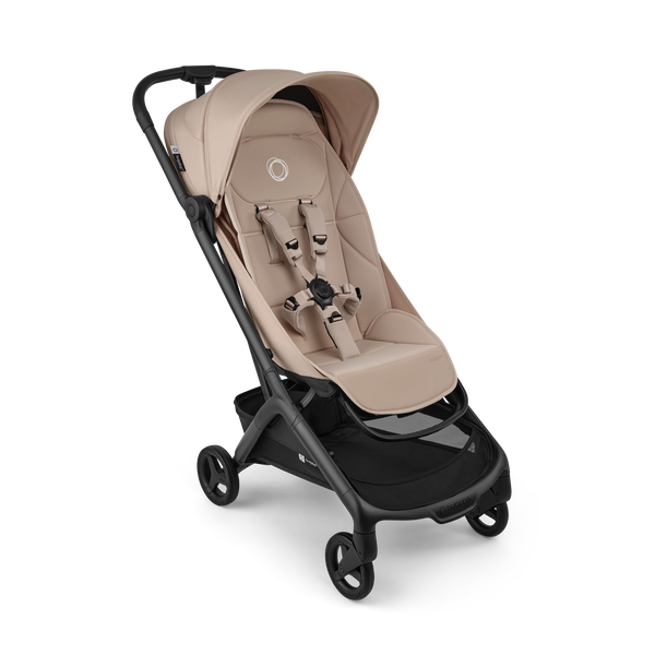 Bugaboo Butterfly 2 Plus travel stroller black base, desert taupe fabrics, desert taupe sun canopy