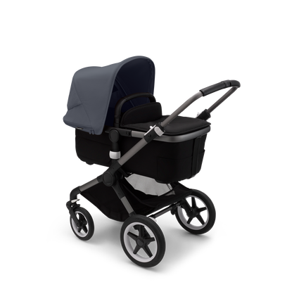 Bugaboo Fox 3 carrycot pushchair with graphite frame, black fabrics, and stormy blue sun canopy.