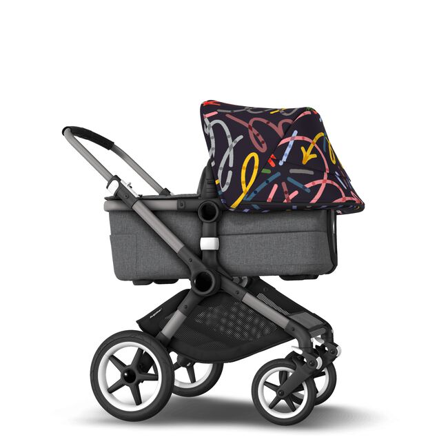 Bugaboo Fox 3 bassinet and seat stroller graphite base, grey melange fabrics, art of discovery dark blue sun canopy
