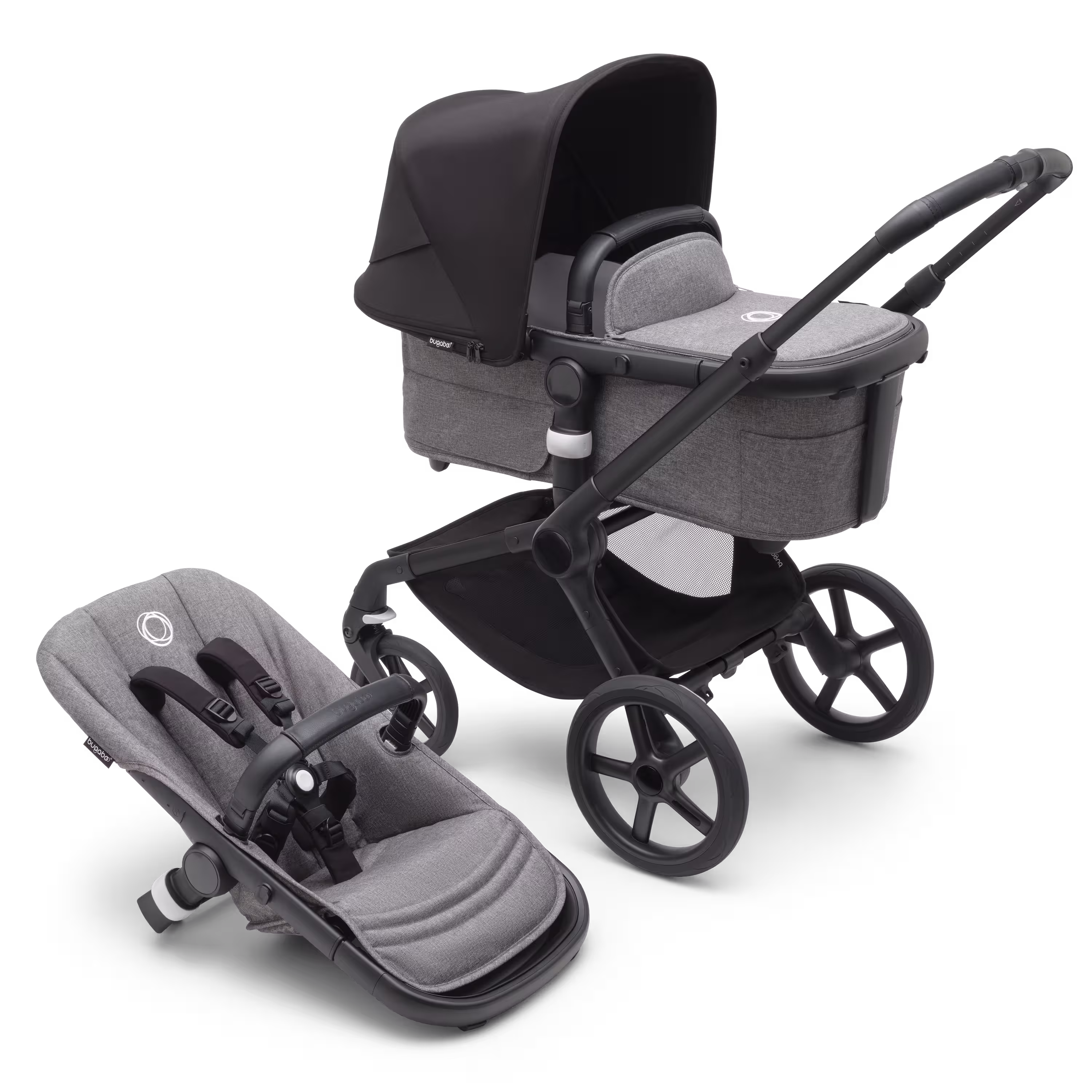 Bugaboo Fox 5 2-in-1 stroller black base, grey melange fabrics, midnight black sun canopy - Main Modal Image Slide 1 of 13