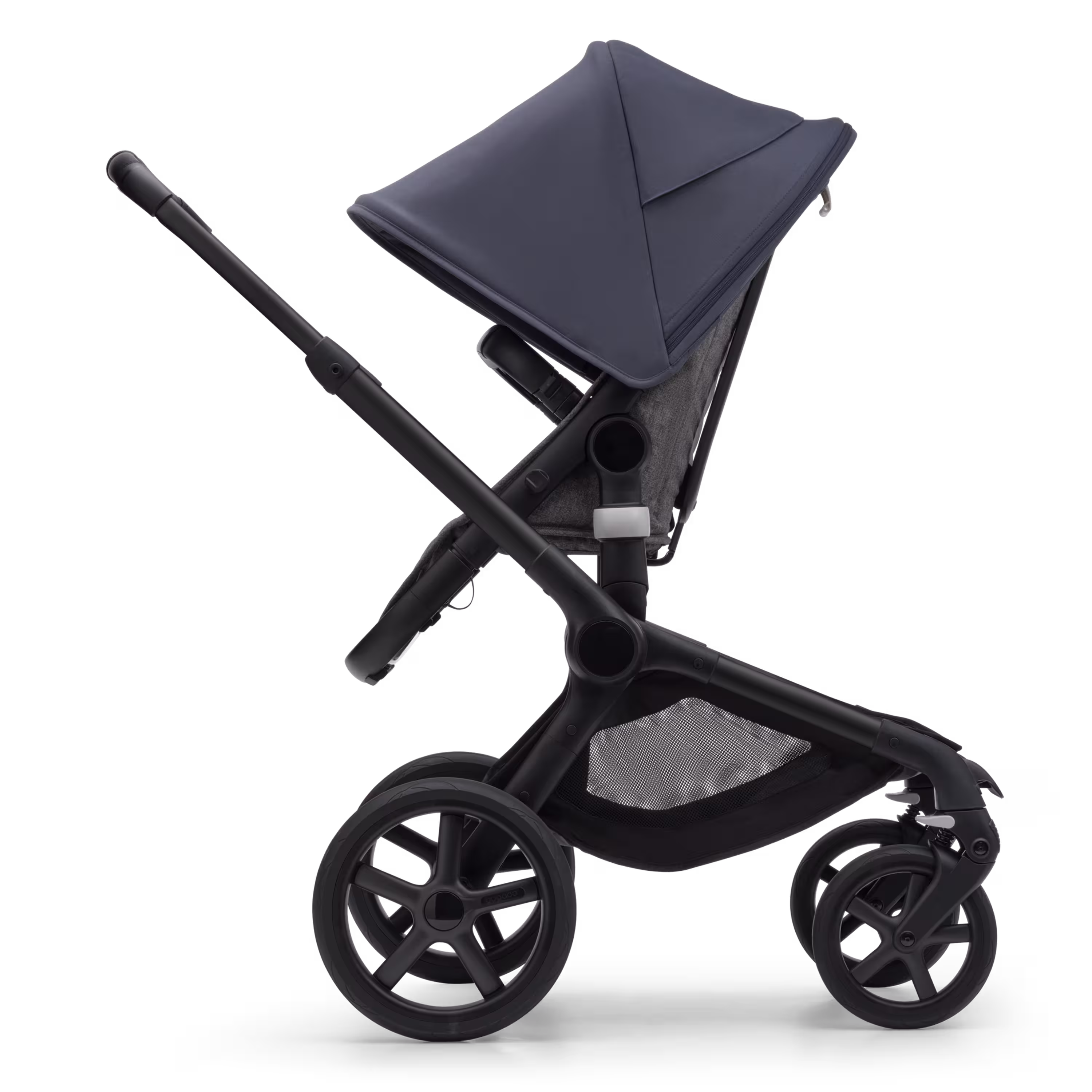 Side view of the Bugaboo Fox 5 seat pushchair with black chassis, grey melange fabrics and stormy blue sun canopy. - Main Modal Image Slide 3 of 13