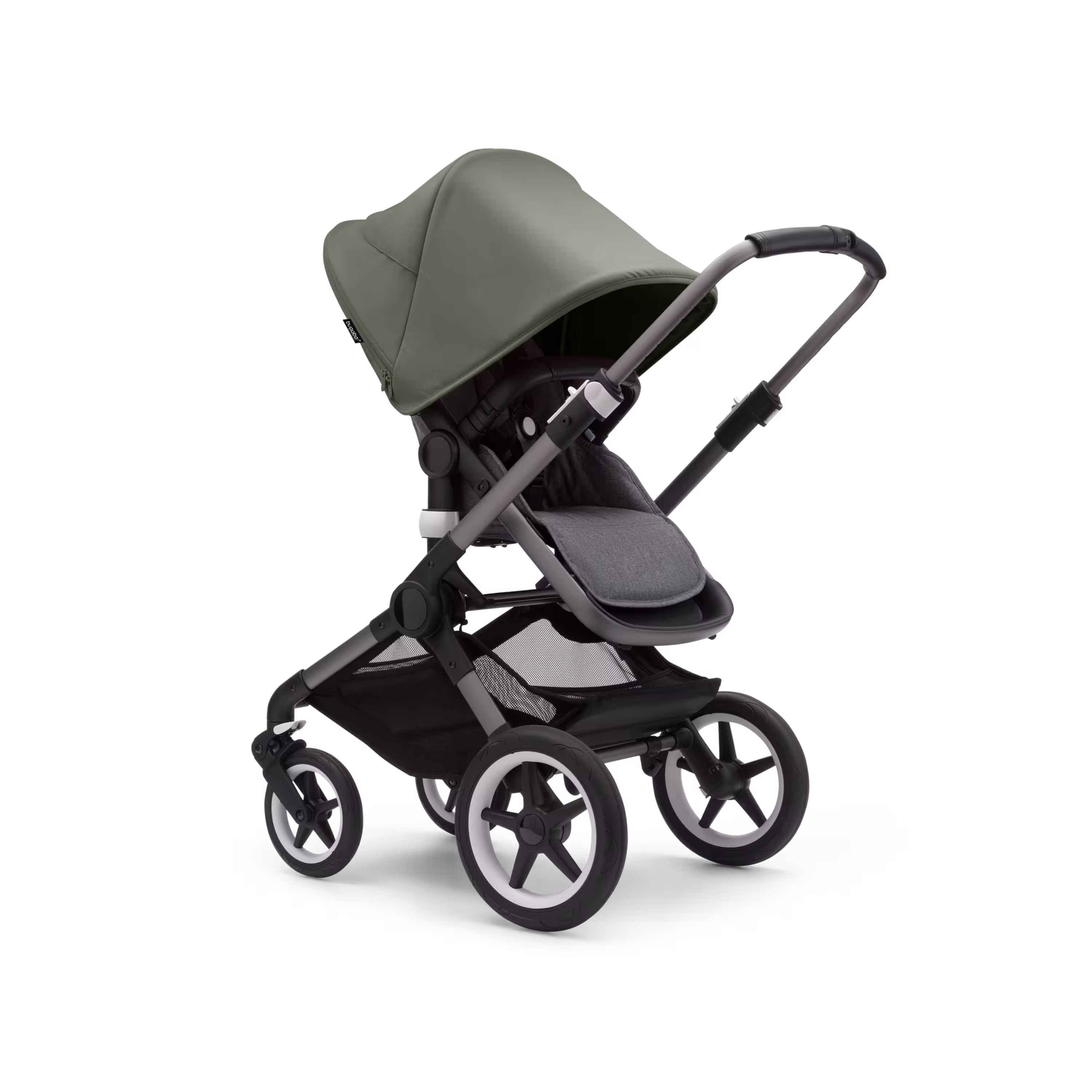 Bugaboo Fox 3 seat stroller with graphite frame, grey melange fabrics, and forest green sun canopy. - Main Modal Image Slide 7 of 7