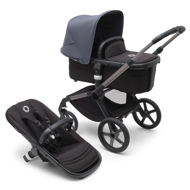 Bugaboo Fox 5 bassinet and seat pram with graphite chassis, midnight black fabrics and stormy blue sun canopy.