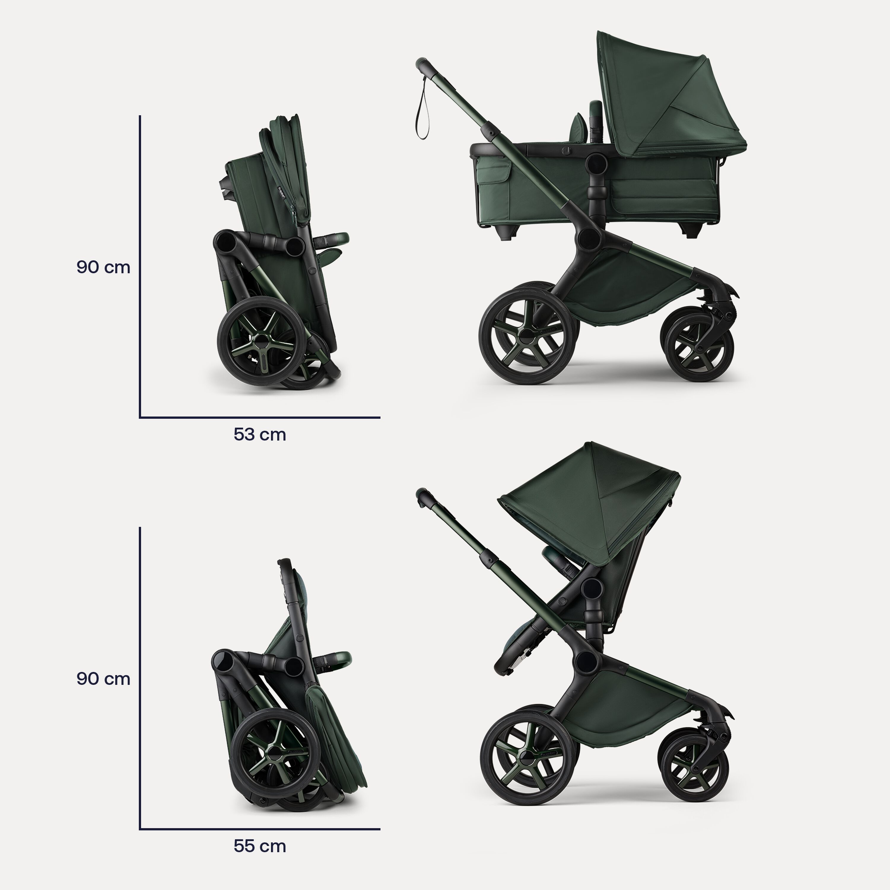 Folded dimensions of the Bugaboo Fox 5 Noir Limited Edition Midnight Green: With the bassinet: 90 x 35 cm. With seat: 90 x 55 cm. - Main Modal Image Slide 11 of 15