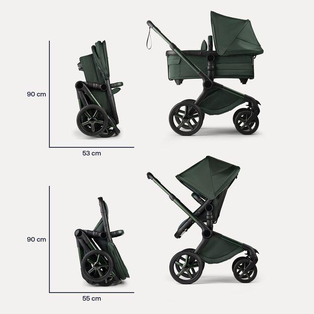 Folded dimensions of the Bugaboo Fox 5 Noir Limited Edition Midnight Green: With the bassinet: 90 x 35 cm. With seat: 90 x 55 cm. - Main Image Slide 11 of 15