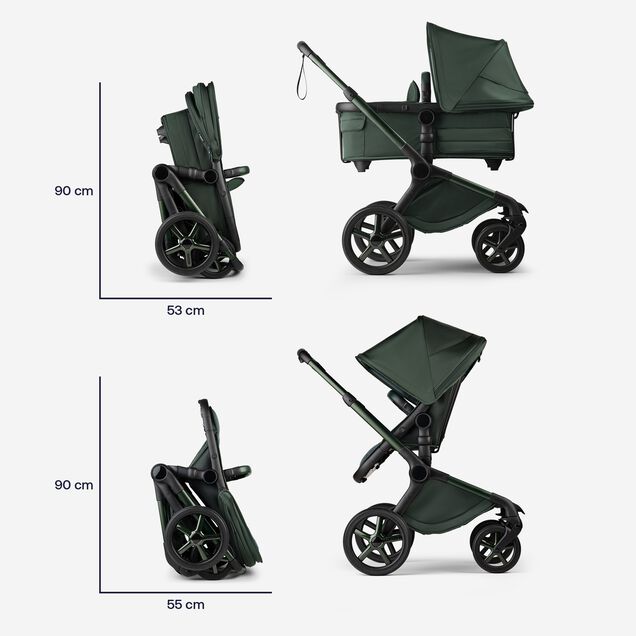 Dimensions de la poussette Bugaboo Fox 5 Édition limitée Noir pliée en Vert nuit : Avec la nacelle : 90 x 35 cm. Avec le siège : 90 x 55 cm. - Main Image Slide 11 of 15