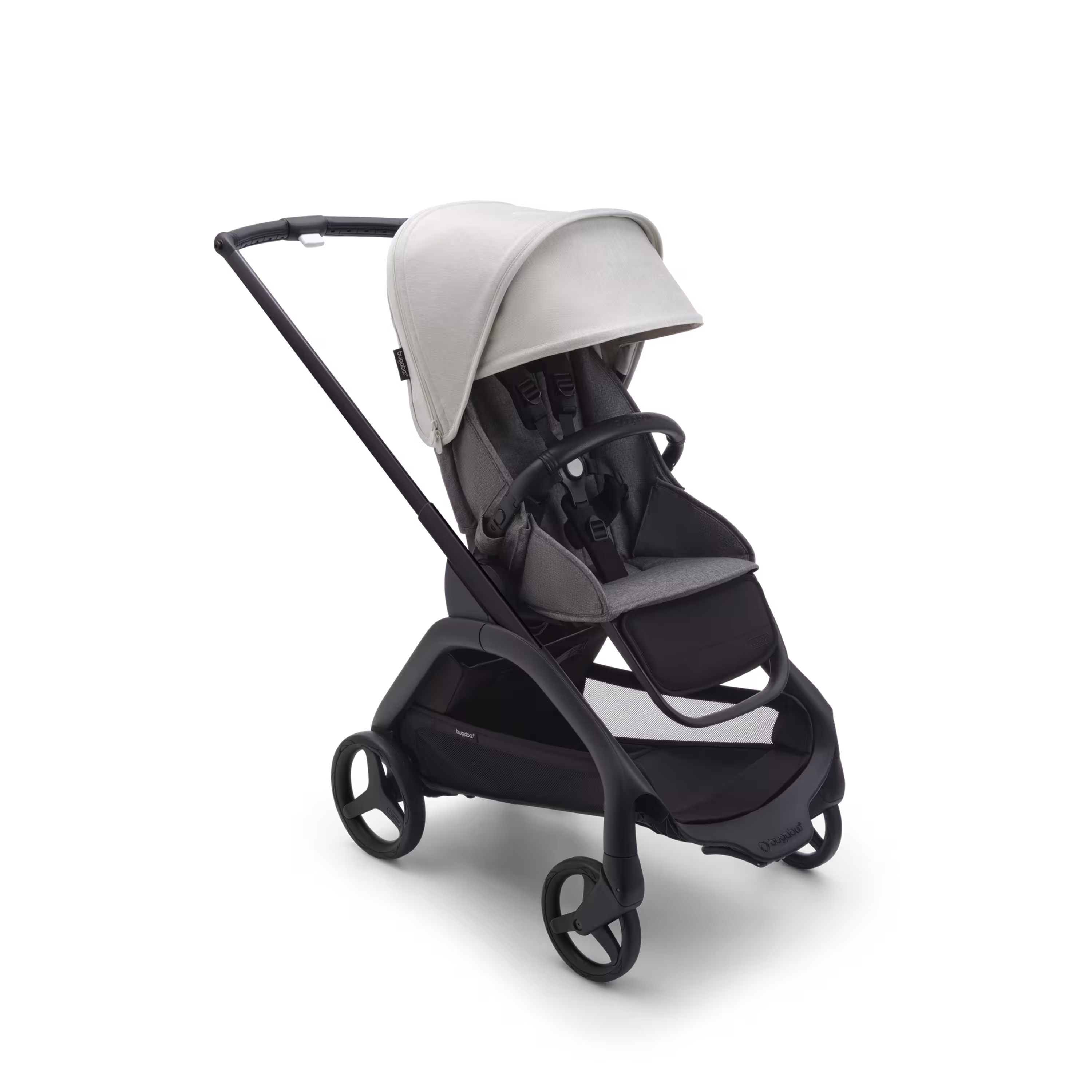 Bugaboo Dragonfly seat stroller with black chassis, grey melange fabrics and misty white sun canopy. - Main Modal Image Slide 1 of 16