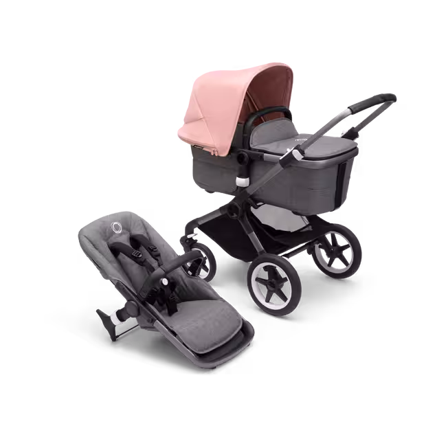 Bugaboo Fox 3 bassinet and seat stroller with graphite frame, grey fabrics, and pink sun canopy. - Main Image Slide 5 of 7