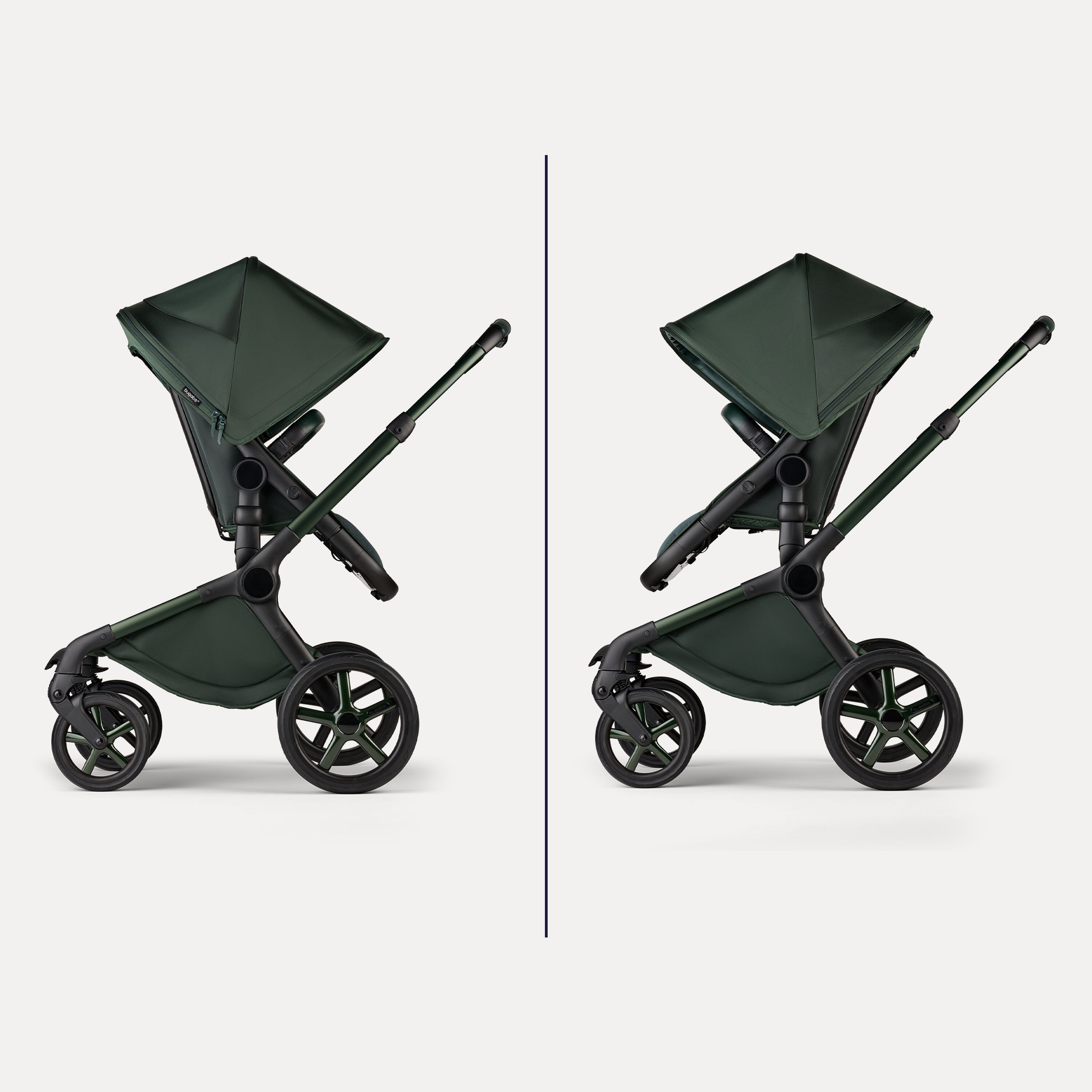 Two images showing the Bugaboo Fox 5 Noir Limited Edition stroller's reversible seat: facing parent and facing the world. - Main Modal Image Slide 8 of 15