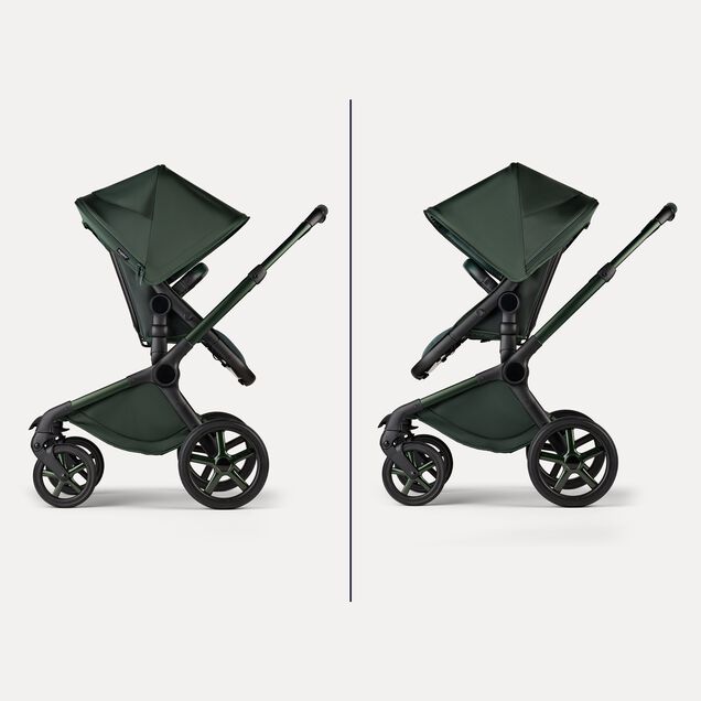 Two images showing the Bugaboo Fox 5 Noir Limited Edition stroller's reversible seat: facing parent and facing the world. - Main Image Slide 8 of 15