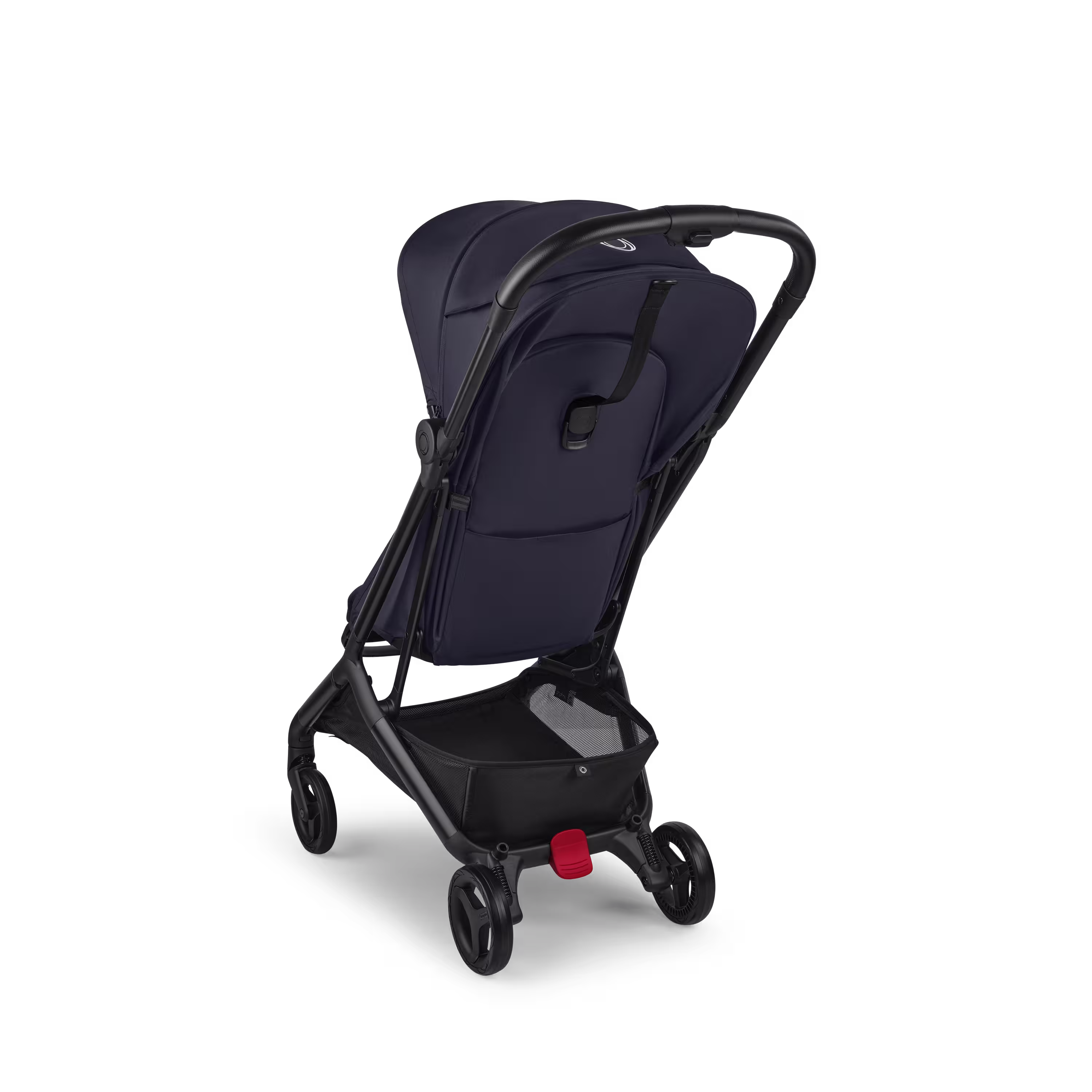 View from the back of a Bugaboo Butterfly 2 travel pram with black chassis, Deep Indigo fabrics, and Deep Indigo sun canopy. - Main Modal Image Slide 3 of 9