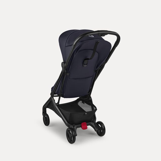 View from the back of a Bugaboo Butterfly 2 travel pram with black chassis, Deep Indigo fabrics, and Deep Indigo sun canopy. - Main Image Slide 3 of 9