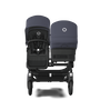 Bugaboo Donkey 5 Duo bassinet and seat stroller black base, midnight black fabrics, stormy blue sun canopy