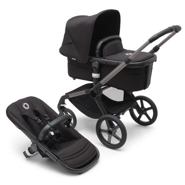 Bugaboo Fox 5 bassinet and seat stroller with graphite chassis, midnight black fabrics and midnight black sun canopy.