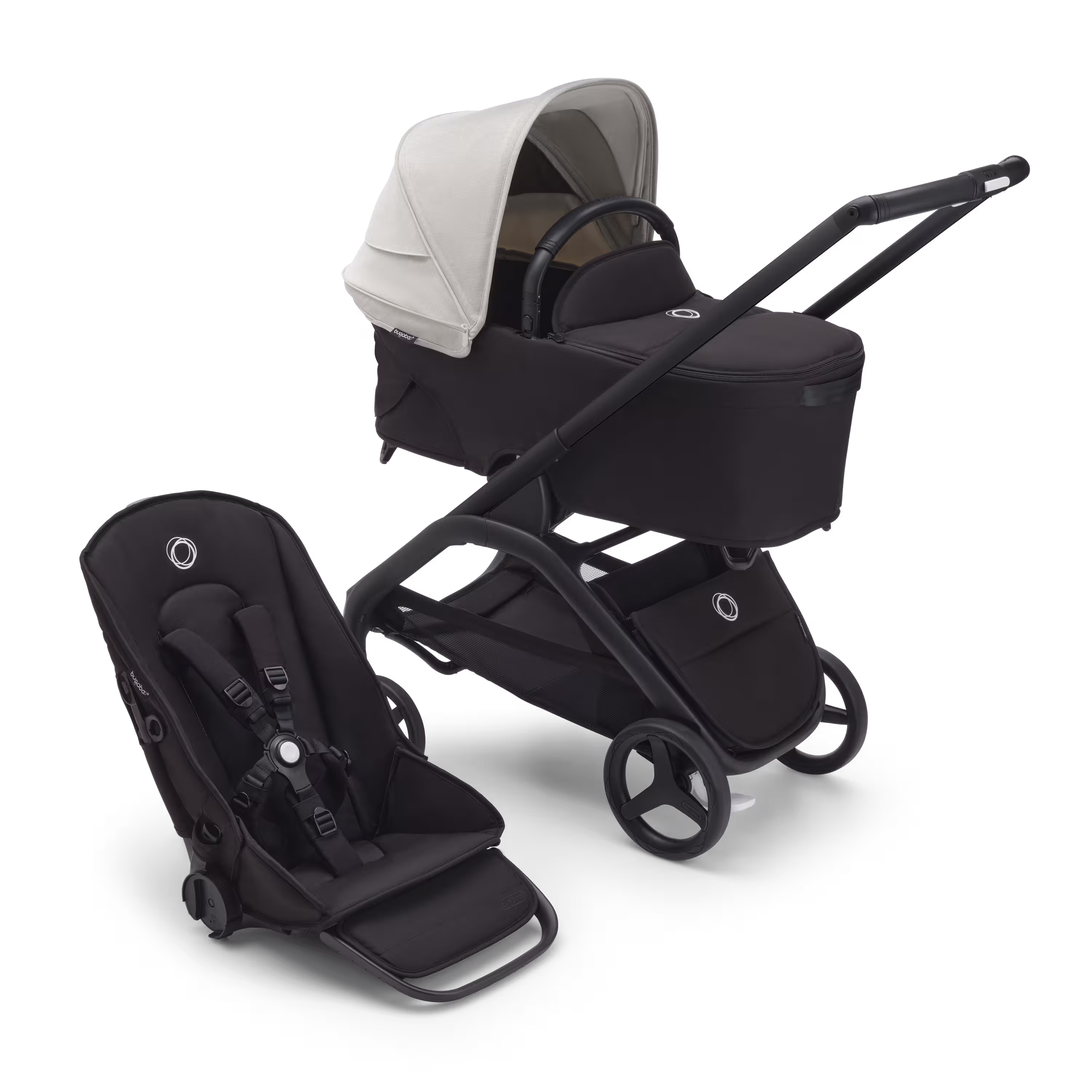 Bugaboo Dragonfly bassinet and seat stroller with black chassis, midnight black fabrics and misty white sun canopy. - Main Modal Image Slide 1 of 16