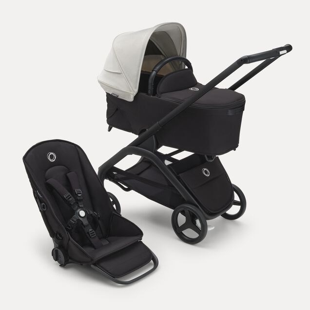 Bugaboo Dragonfly bassinet and seat stroller with black chassis, midnight black fabrics and misty white sun canopy. - Main Image Slide 1 of 16
