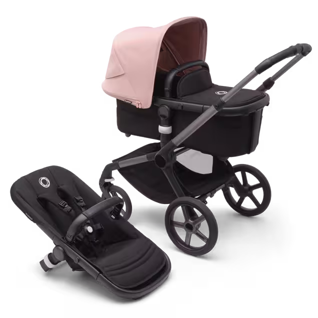 Bugaboo Fox 5 carrycot and seat pushchair with graphite chassis, midnight black fabrics and morning pink sun canopy. - Main Image Slide 1 of 13