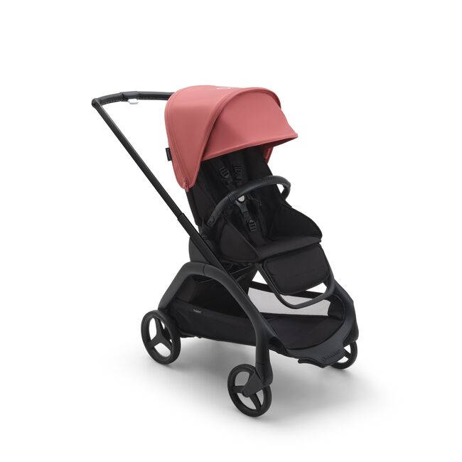 Bugaboo Dragonfly seat stroller with black chassis, midnight black fabrics and sunrise red sun canopy.