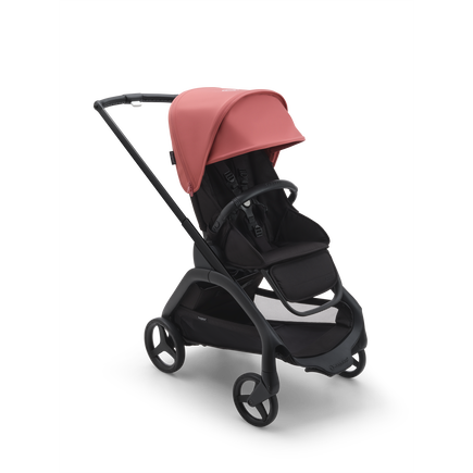 Bugaboo Dragonfly seat stroller with black chassis, midnight black fabrics and sunrise red sun canopy.
