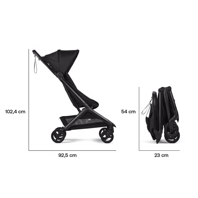 The Bugaboo Butterfly 2 travel pram in two stages: One expanded and in-use, another fully folded into an ultra-compact package. - Main Image Slide 8 of 9