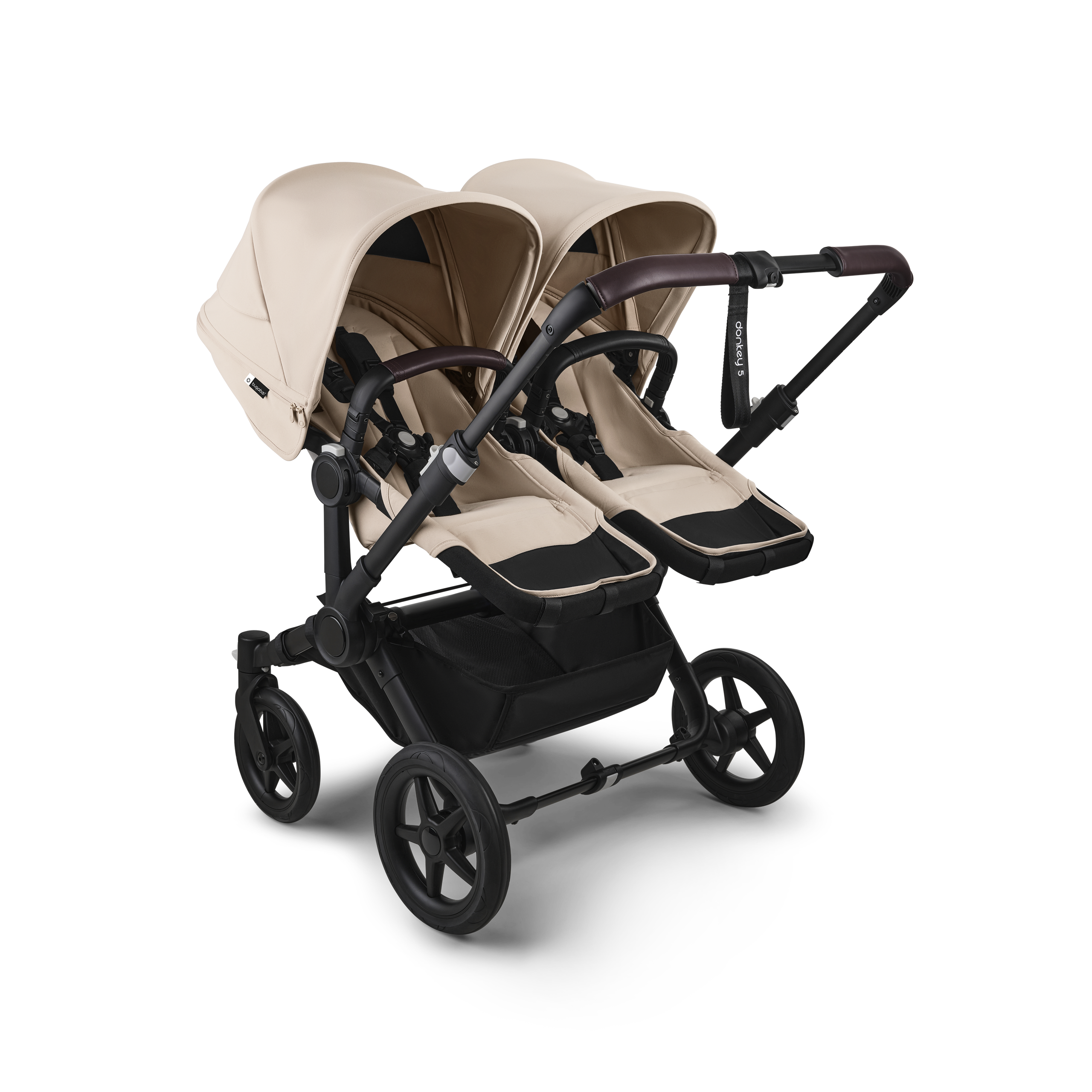 Bugaboo Donkey 5 twin pushchair black base, desert taupe fabrics, desert taupe sun canopy - Thumbnail Slide 3 of 12