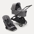 Bugaboo Dragonfly bassinet and seat stroller with graphite chassis, grey melange fabrics and grey melange sun canopy.