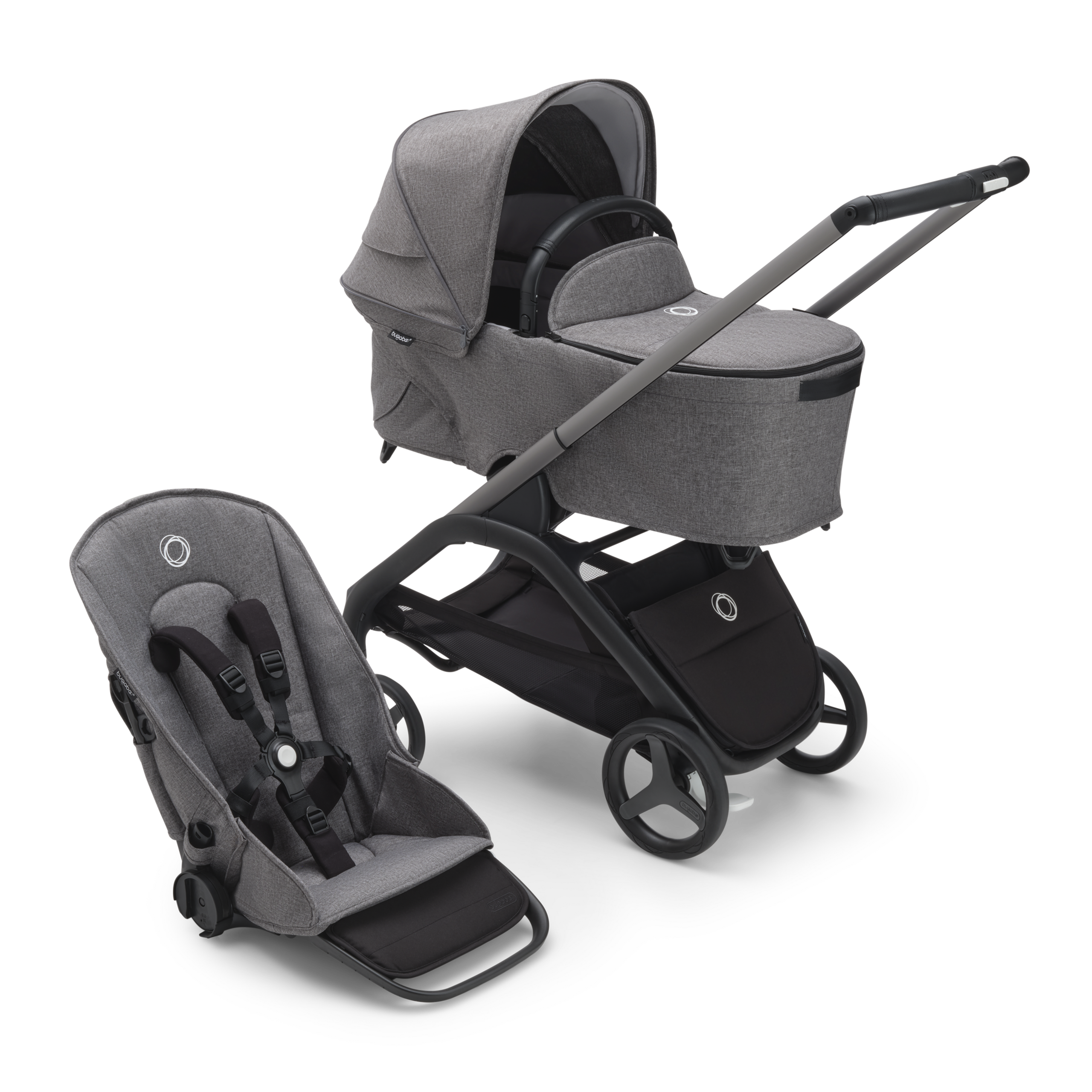 Bugaboo Dragonfly bassinet and seat stroller with graphite chassis, grey melange fabrics and grey melange sun canopy. - Thumbnail Slide 1 of 15