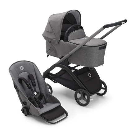 Bugaboo Dragonfly bassinet and seat stroller with graphite chassis, grey melange fabrics and grey melange sun canopy.