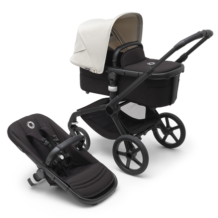 Bugaboo Fox 5 bassinet and seat stroller with black chassis, midnight black fabrics and misty white sun canopy.