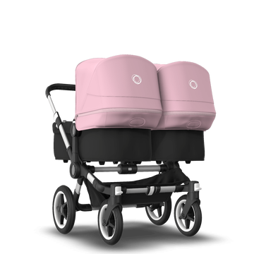 Bugaboo Donkey 3 Twin seat and bassinet stroller soft pink sun canopy, black fabrics, aluminium base