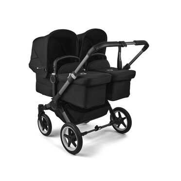 Bugaboo Donkey 5 twin stroller graphite base, midnight black fabrics, midnight black sun canopy