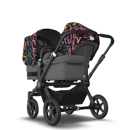 Bugaboo Donkey 5 Duo bassinet and seat stroller black base, grey mélange fabrics, art of discovery dark blue sun canopy - view 1