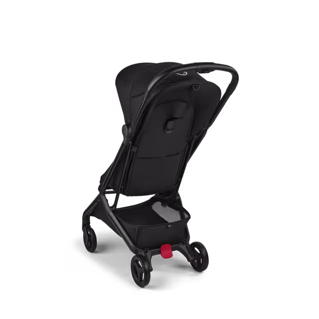 View from the back of a Bugaboo Butterfly 2 ultra-compact travel pram with black chassis, Heritage Black fabrics, and Heritage Black sun canopy. - Main Image Slide 3 of 9