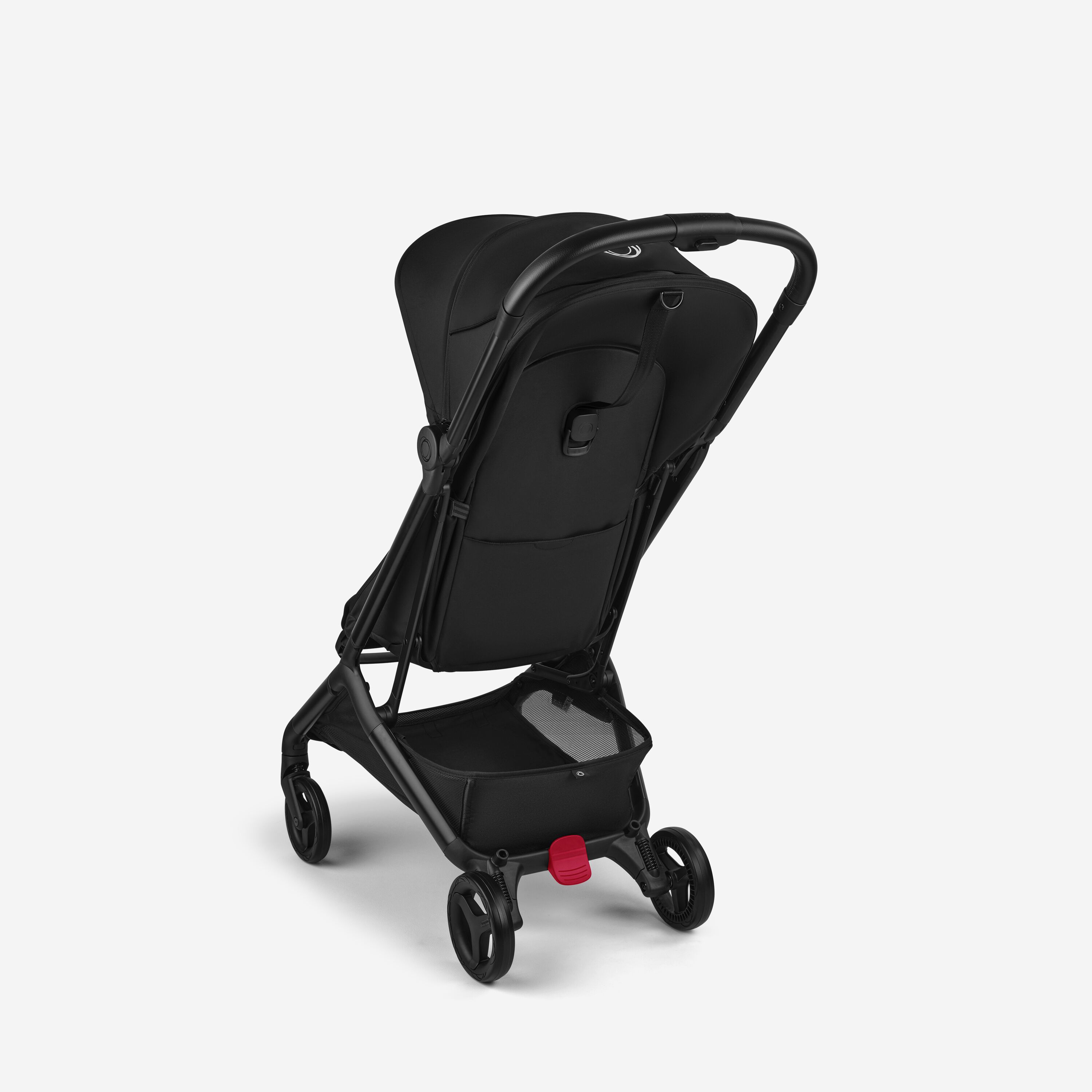 View from the back of a Bugaboo Butterfly 2 ultra-compact travel pram with black chassis, Heritage Black fabrics, and Heritage Black sun canopy. - Main Modal Image Slide 3 of 9