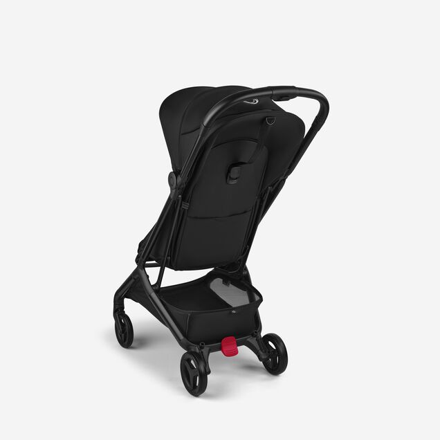 View from the back of a Bugaboo Butterfly 2 ultra-compact travel pram with black chassis, Heritage Black fabrics, and Heritage Black sun canopy. - Main Image Slide 3 of 9