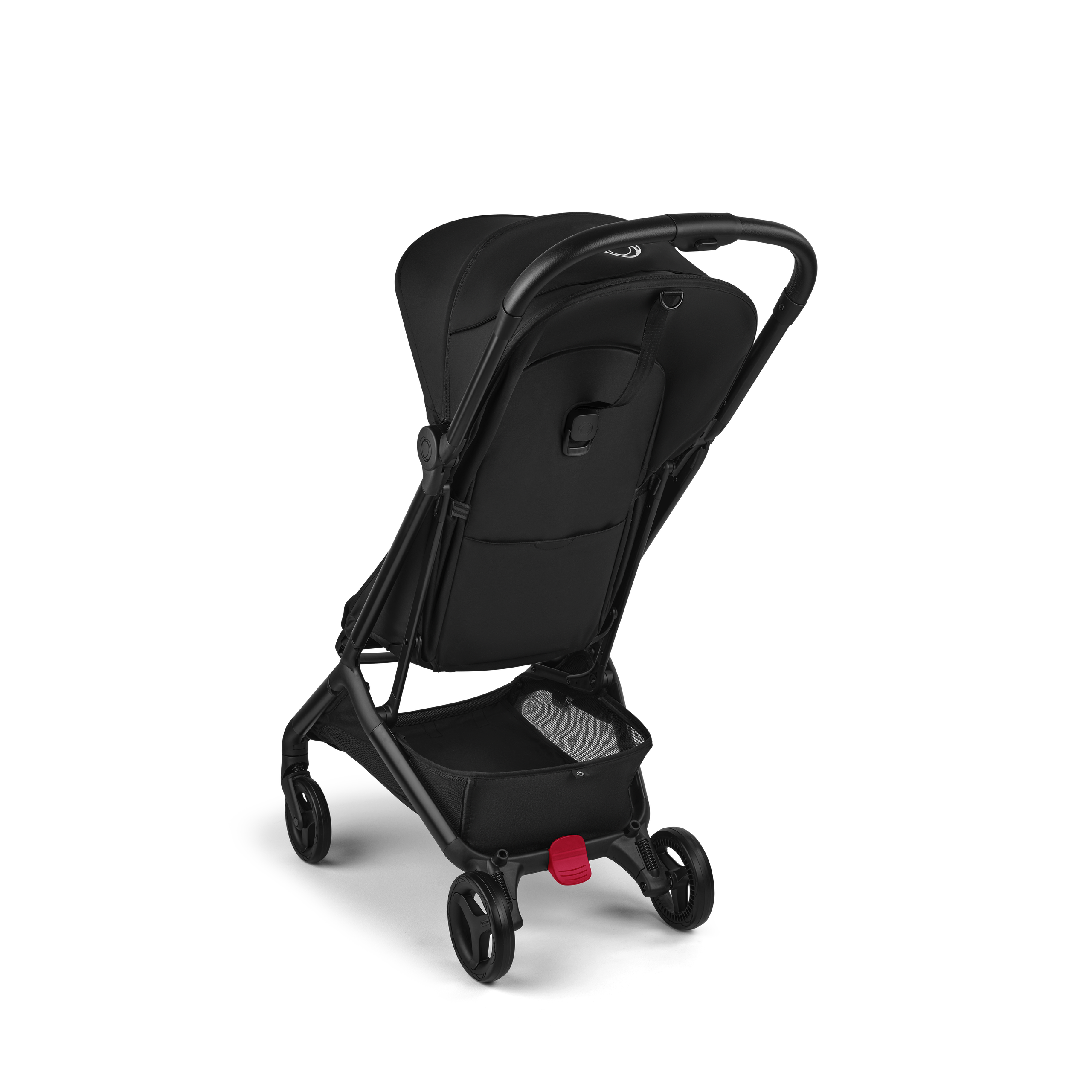 View from the back of a Bugaboo Butterfly 2 ultra-compact travel pram with black chassis, Heritage Black fabrics, and Heritage Black sun canopy. - Thumbnail Slide 3 of 9