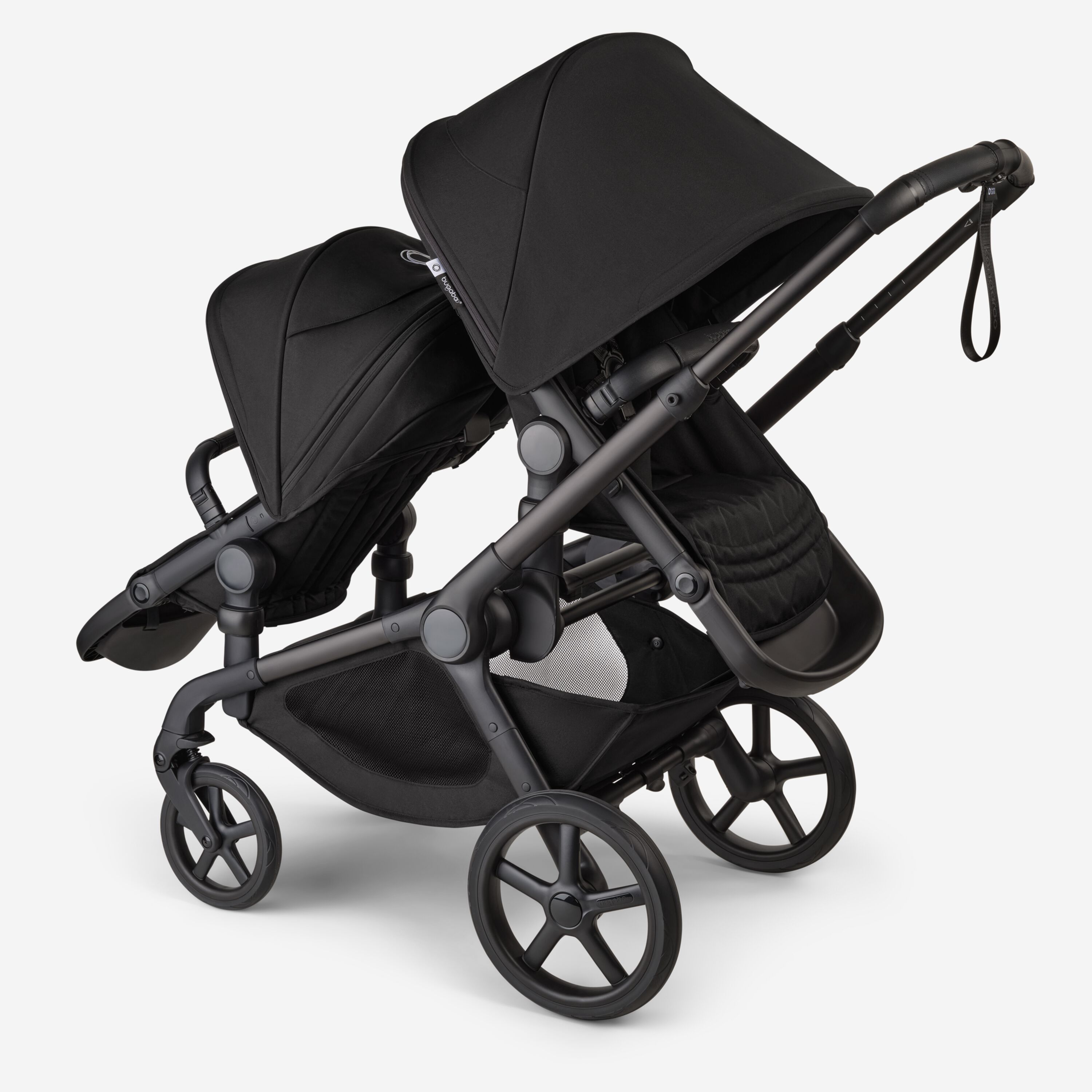 Bugaboo Kangaroo 2-in-1 tandem stroller with one seat facing the parent and one seat facing the world, with Midnight Black fabrics and Midnight Black sun canopies. - Main Modal Image Slide 5 of 18