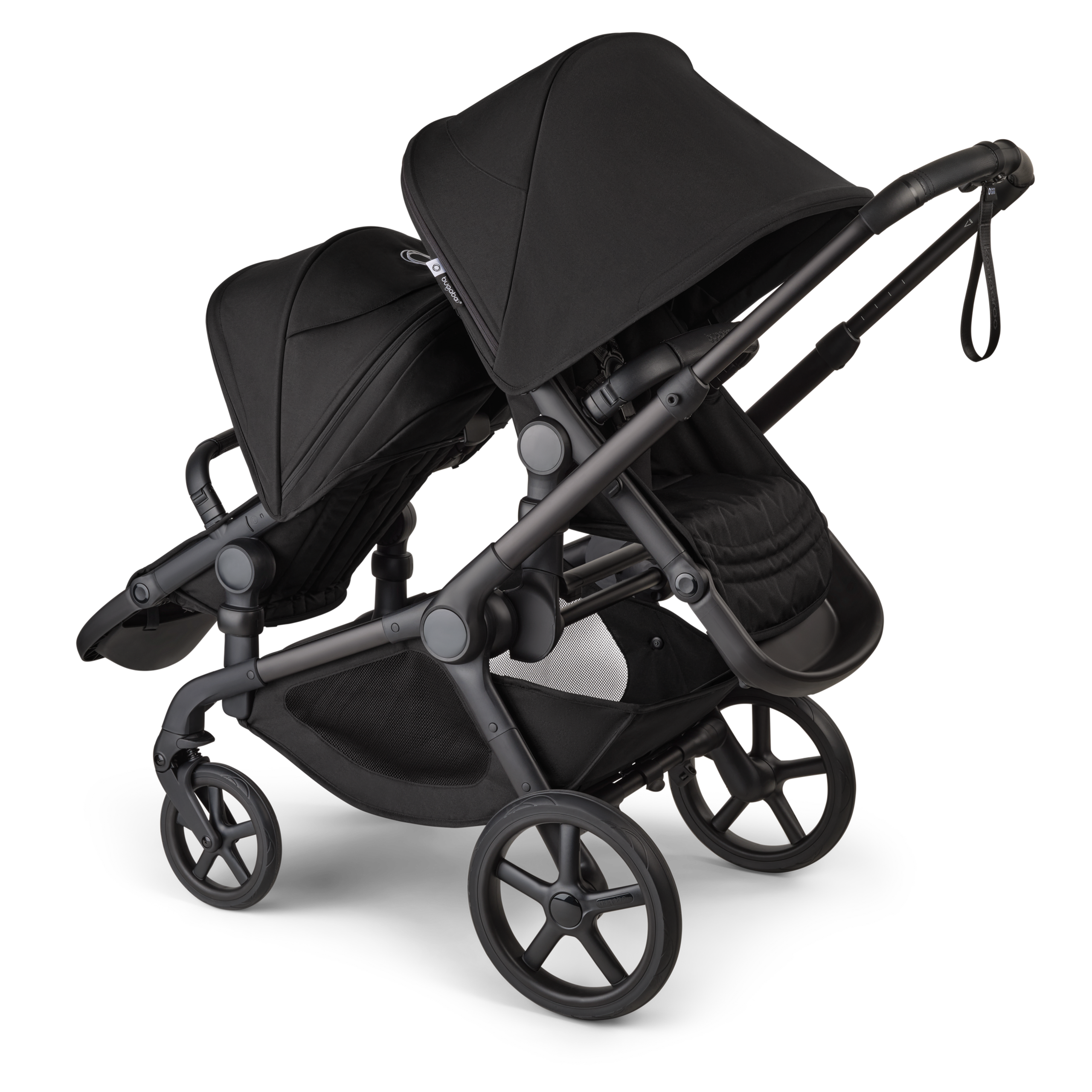 Bugaboo Kangaroo 2-in-1 tandem stroller with one seat facing the parent and one seat facing the world, with Midnight Black fabrics and Midnight Black sun canopies. - Thumbnail Slide 5 of 18