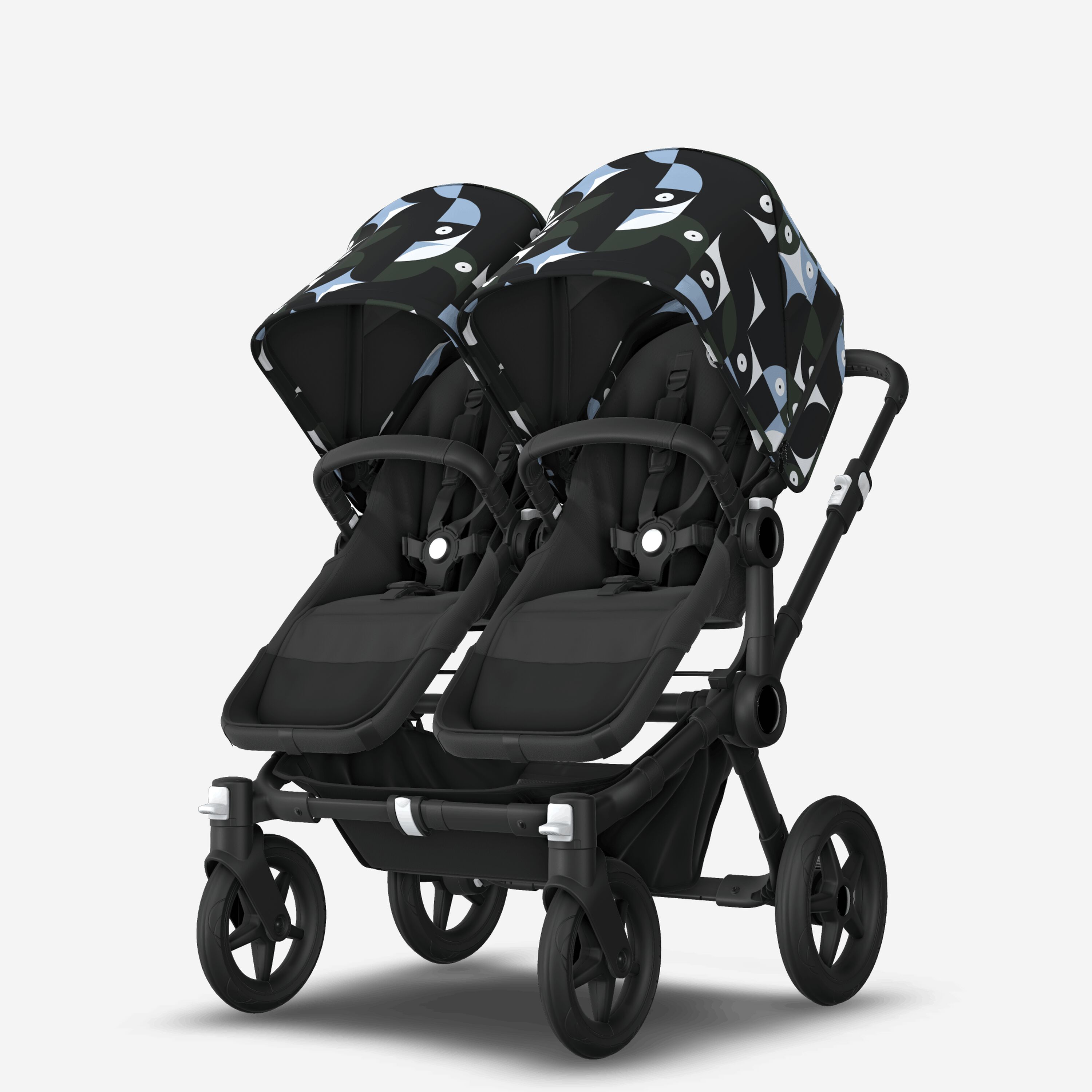 Bugaboo Donkey 5 twin stroller black base, midnight black fabrics, animal explorer green/light blue sun canopy - Main Modal Image Slide 2 of 12