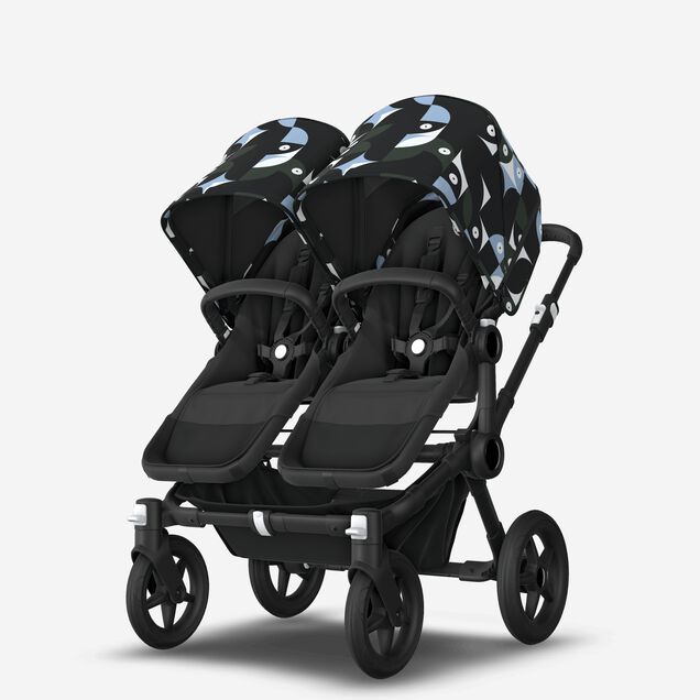 Bugaboo Donkey 5 twin stroller black base, midnight black fabrics, animal explorer green/light blue sun canopy - Main Image Slide 2 of 12