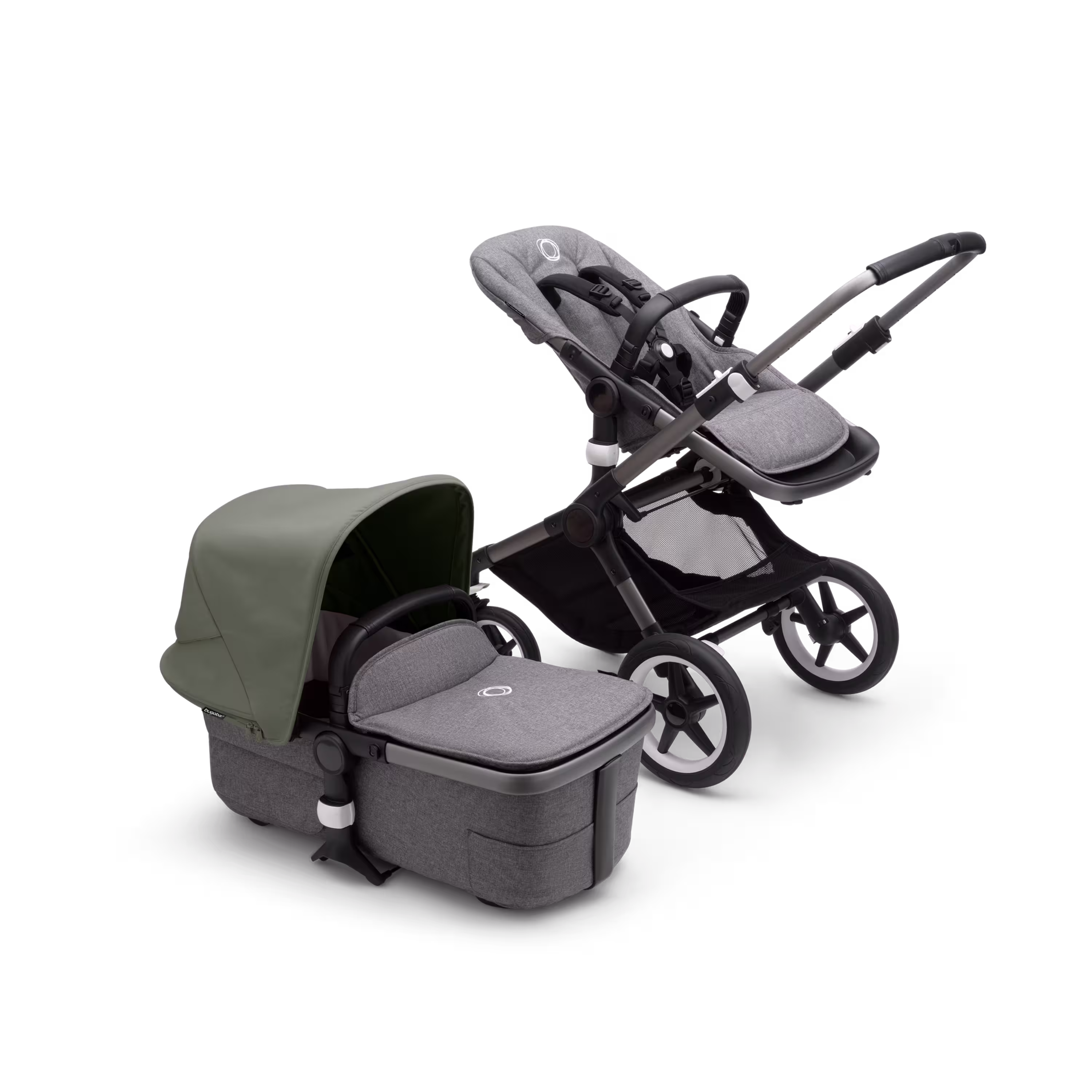 Bugaboo Fox 3 bassinet and seat stroller with graphite frame, grey melange fabrics, and forest green sun canopy. - Main Modal Image Slide 5 of 7